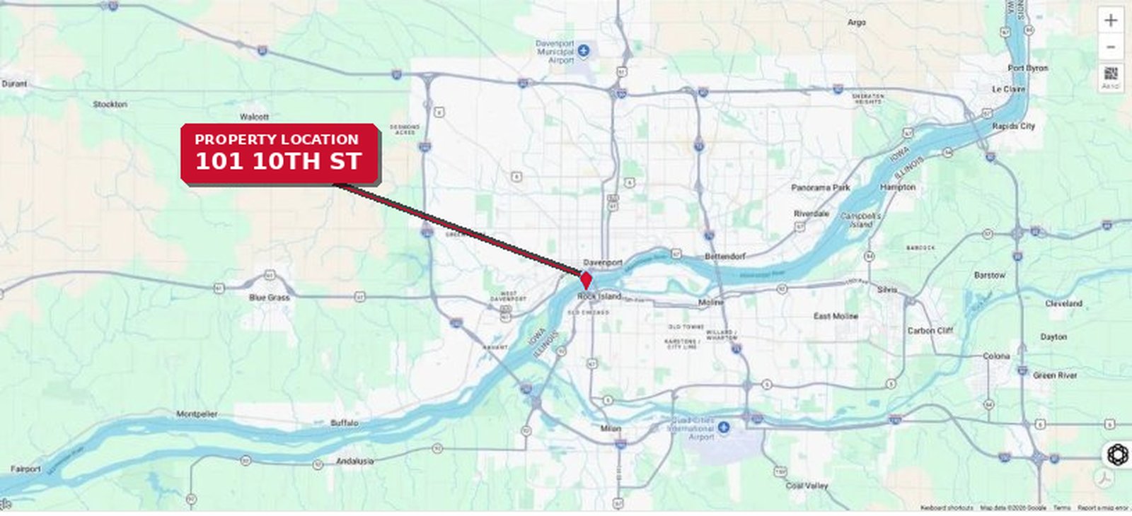 Regional road map showing Rock Island within Quad Cities metro with Quad City International Airport and Davenport Municipal Airport