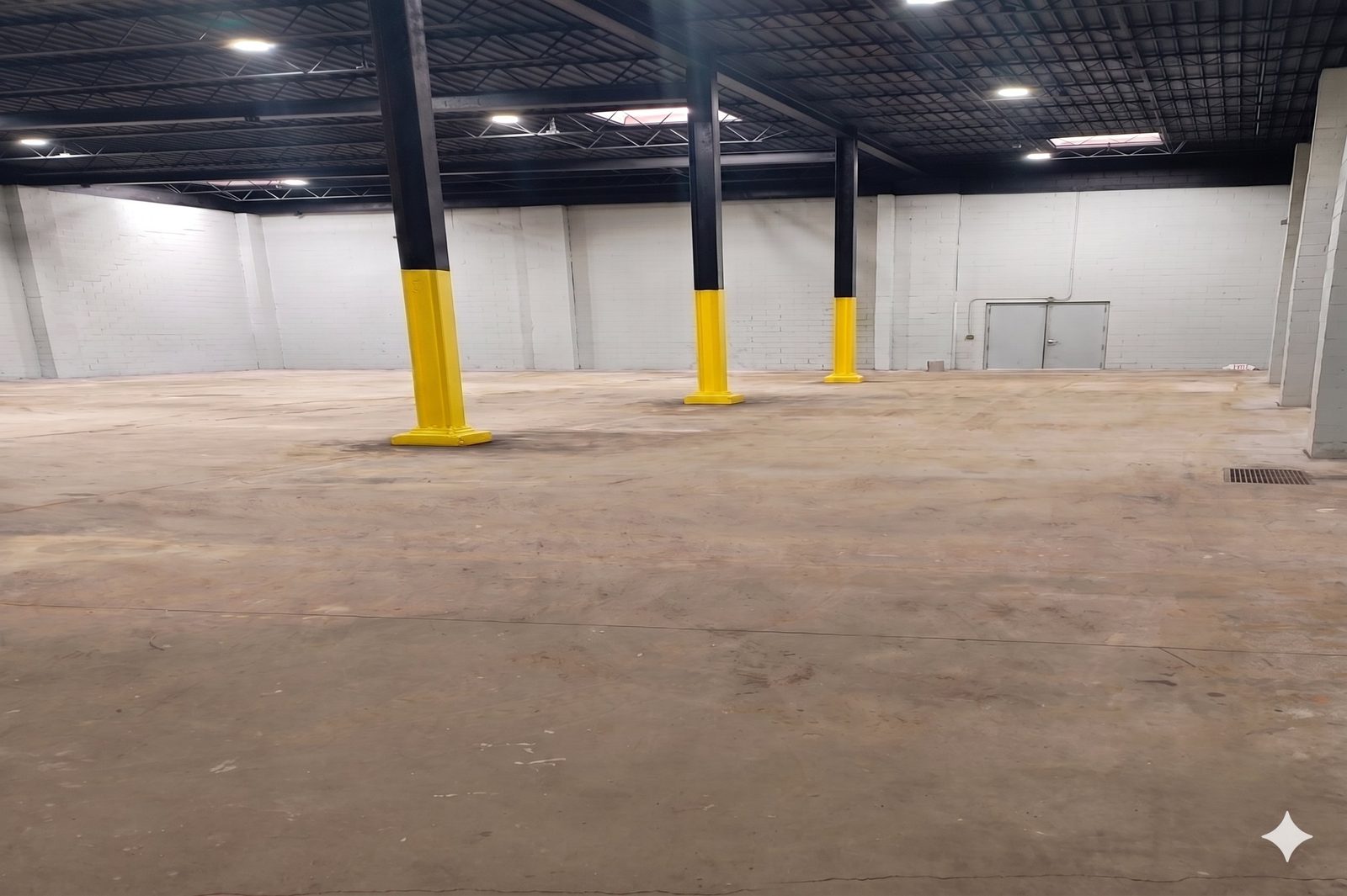 Warehouse interior with painted structural columns